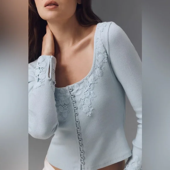 Anthropologie Long-Sleeve Lace-Trim Blouse - Picture 3 of 5